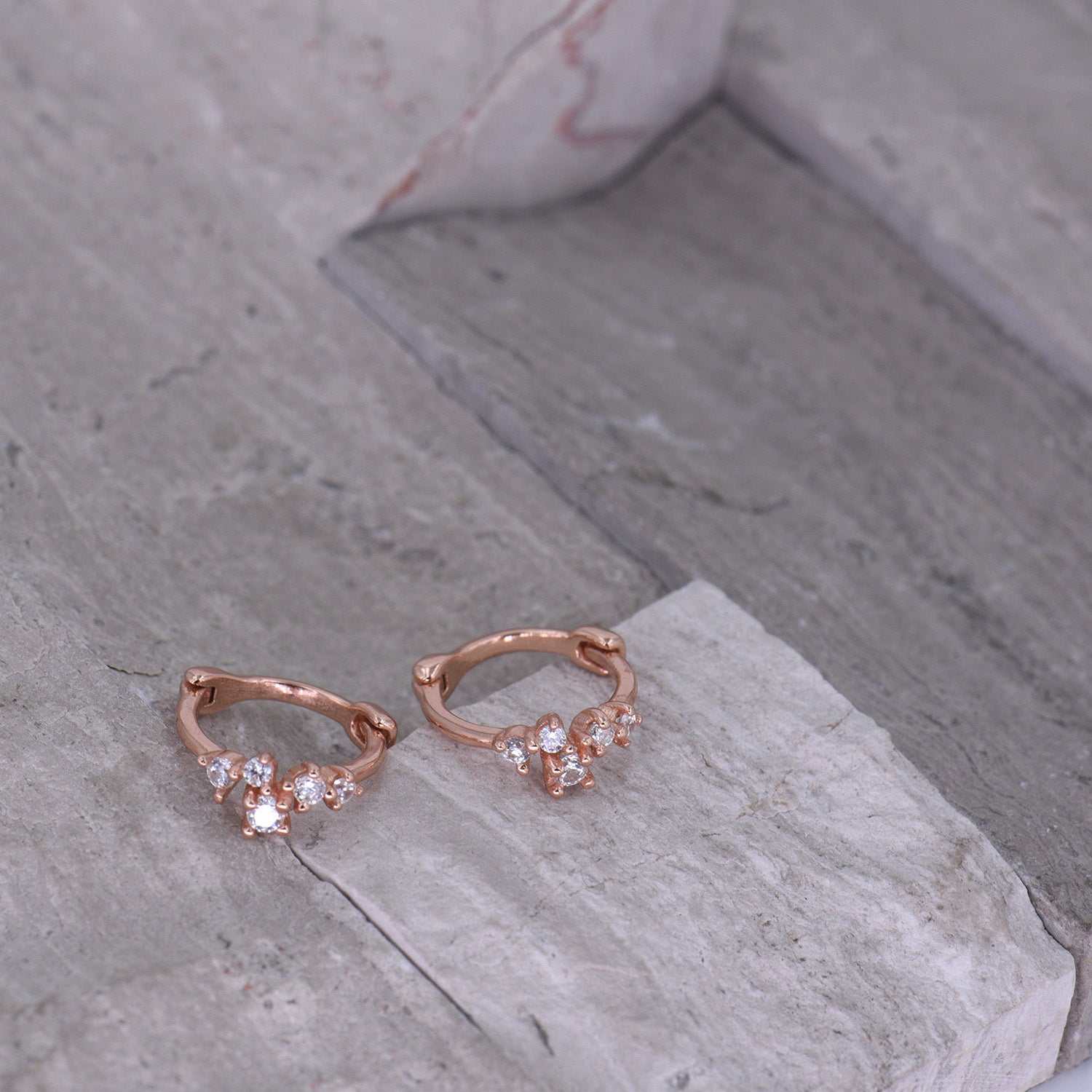 CZ Earrings [Mini Drop Hoop] Huggies [18K Rose Gold Plated - .925 Sterling Silver]