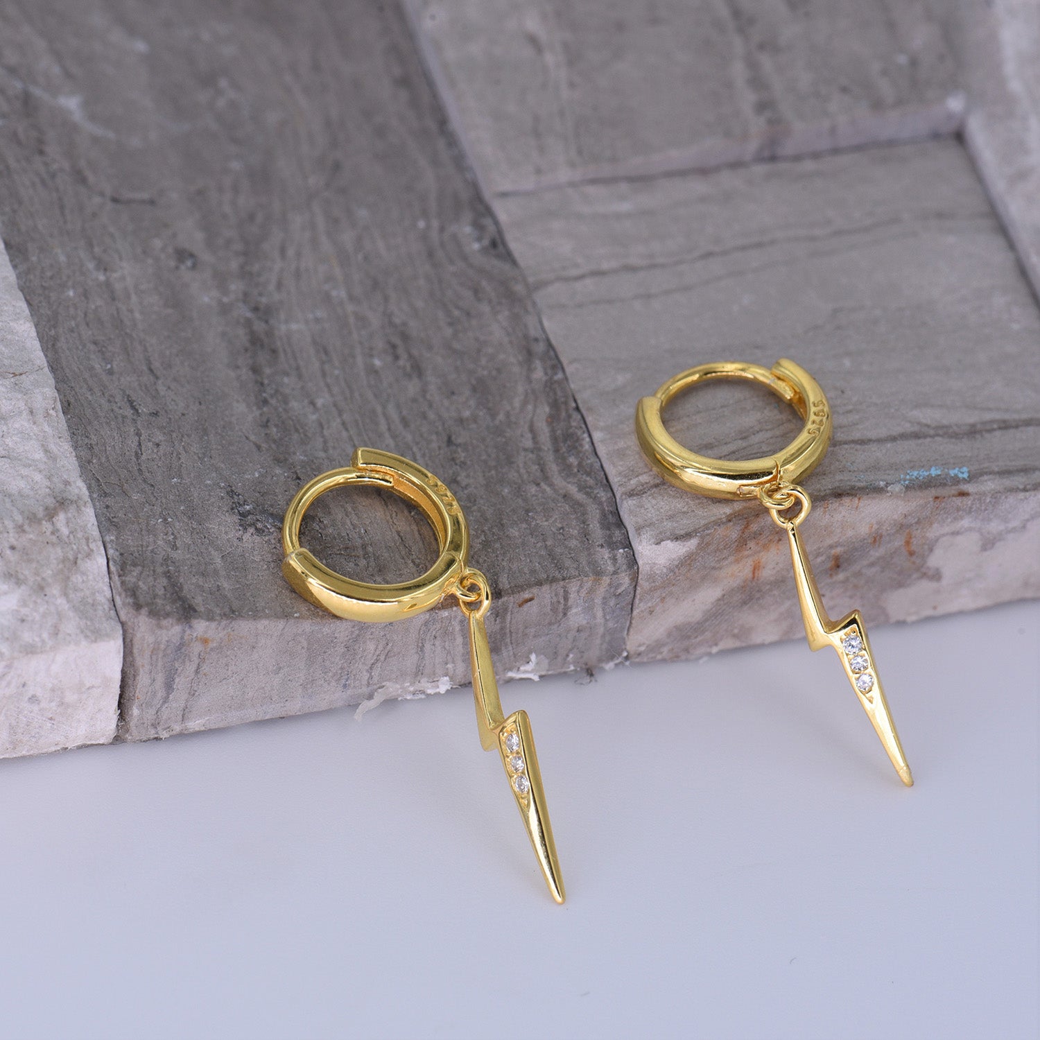 Huggie Hoop Earrings [Lightning Bolt CZ Drop Loops] [.925 Sterling Silver w/ 18K Gold]