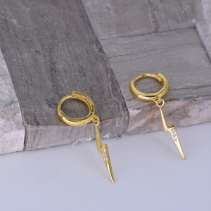 Huggie Hoop Earrings [Lightning Bolt CZ Drop Loops] [.925 Sterling Silver w/ 18K Gold]