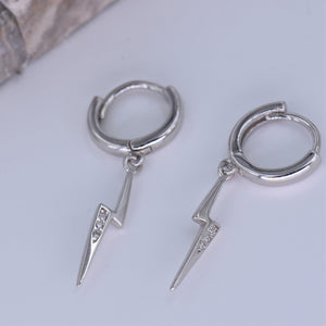 Huggie Hoop Earrings [Lightning Bolt CZ Drop Loops] Mini Dangle [.925 Sterling Silver]