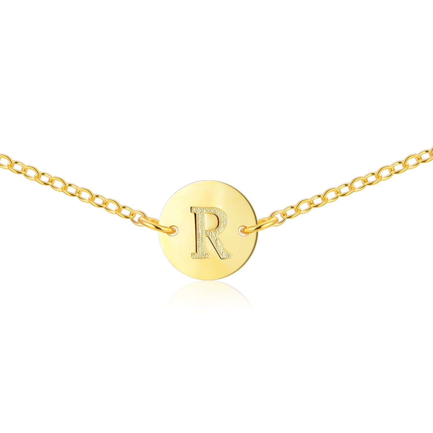 Gold Coin Initial Necklace [ Letter R ] - .925 Sterling Silver [18K Gold Plated] - [14 Inch]