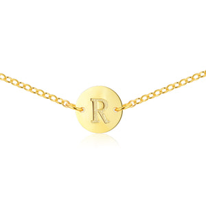 Gold Coin Initial Necklace [ Letter R ] - .925 Sterling Silver [18K Gold Plated] - [14 Inch]