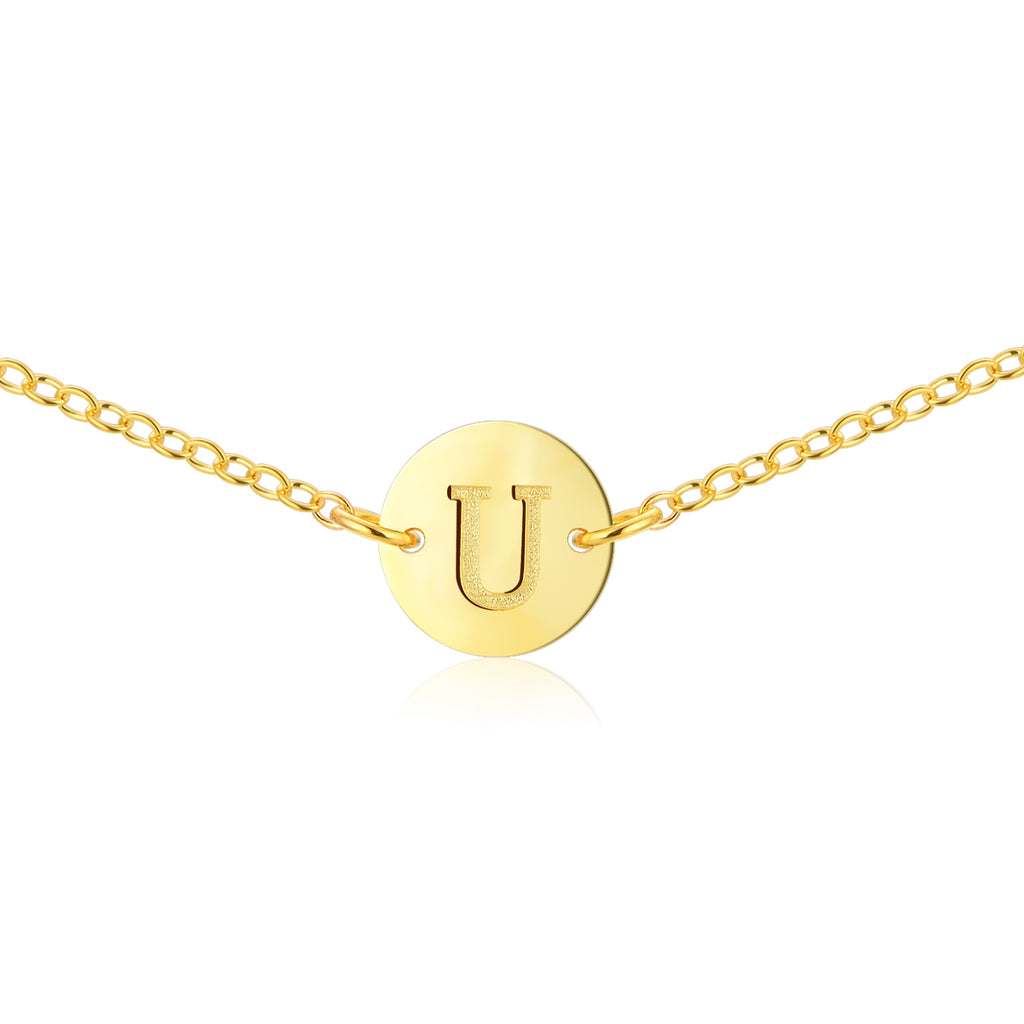 Gold Coin Initial Necklace [ Letter U ] - .925 Sterling [18K Gold Plated] Layer Chain [14 Inch]