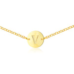 Gold Coin Initial Necklace [ Letter V ] - .925 Sterling [18K Gold Plated] Dainty Disc [14 Inch]