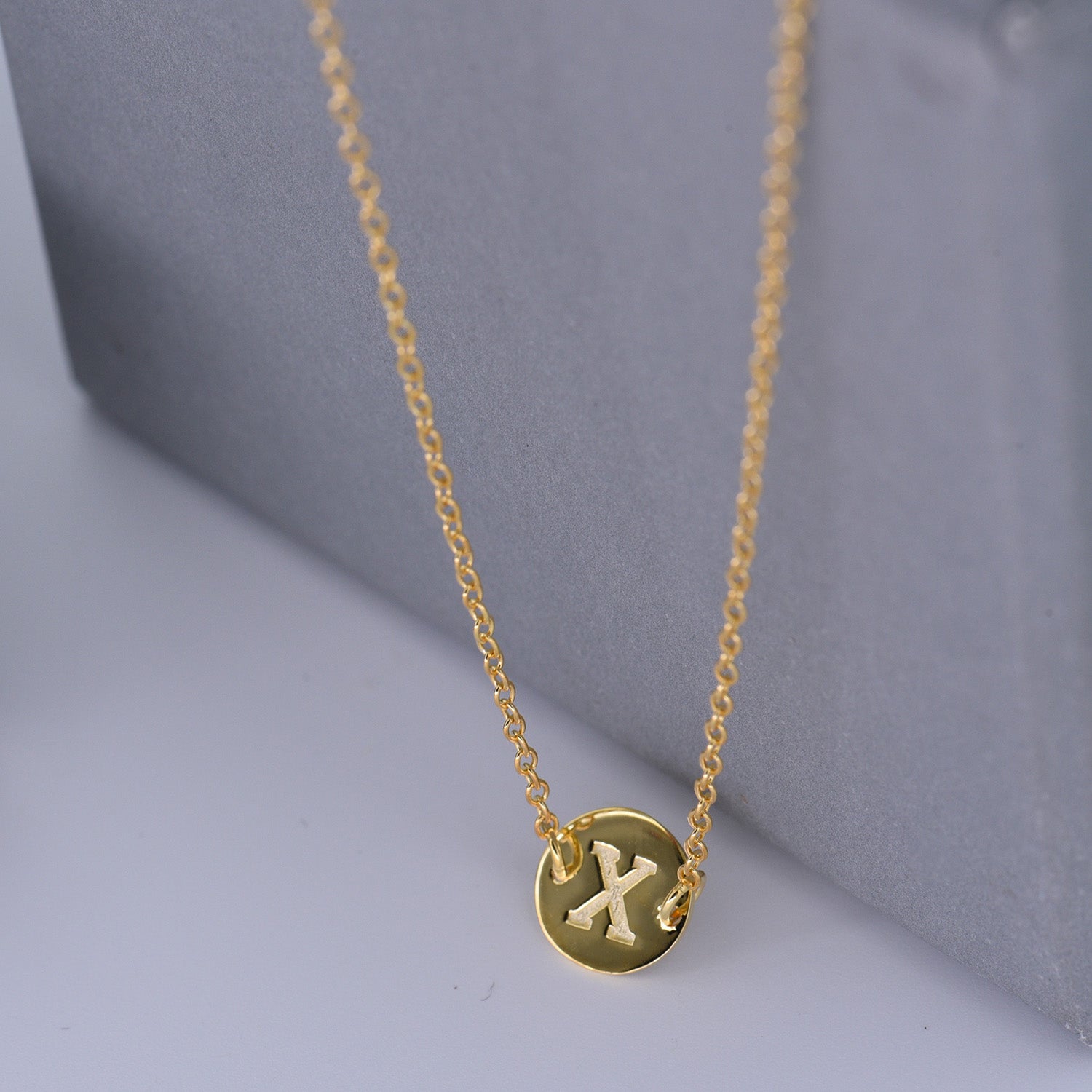 Gold Coin Initial Necklace [ Letter X ] - .925 Silver [18K Gold Plated] Dainty Disc [14 Inch]