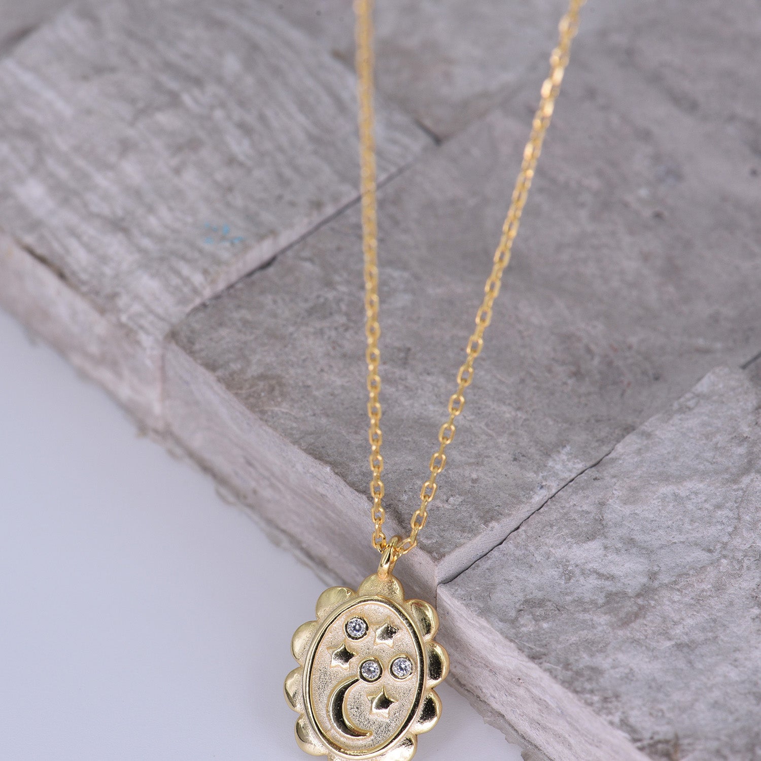 Moon & Stars CZ Oval Medallion Necklace - Hypoallergenic .925 Sterling - 18K Gold Plating