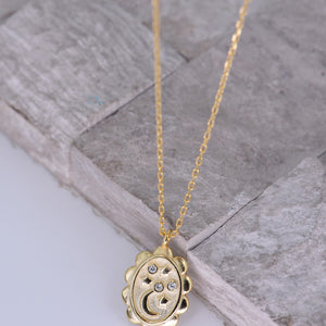 Moon & Stars CZ Oval Medallion Necklace - Hypoallergenic .925 Sterling - 18K Gold Plating