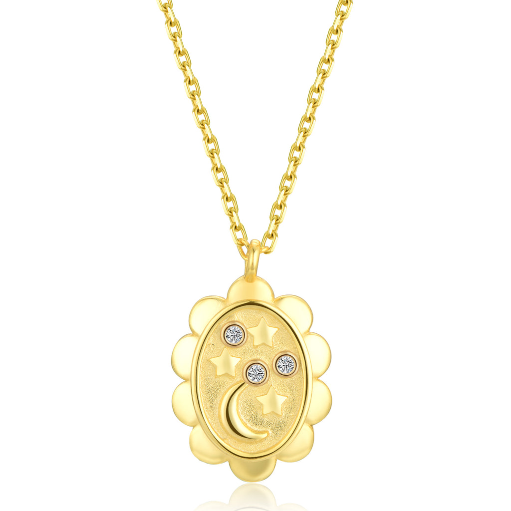 Moon & Stars CZ Oval Medallion Necklace - Hypoallergenic .925 Sterling - 18K Gold Plating