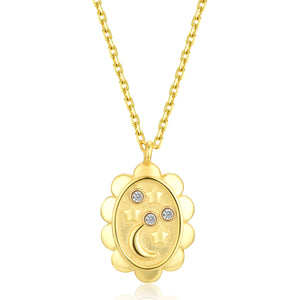 Moon & Stars CZ Oval Medallion Necklace - Hypoallergenic .925 Sterling - 18K Gold Plating