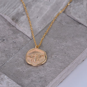 Gold Coin Necklace [18K Plated On .925 Sterling Silver] "Sweet Honey Bee" Charm Pendant