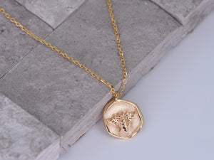 Gold Coin Necklace [18K Plated On .925 Sterling Silver] "Sweet Honey Bee" Charm Pendant