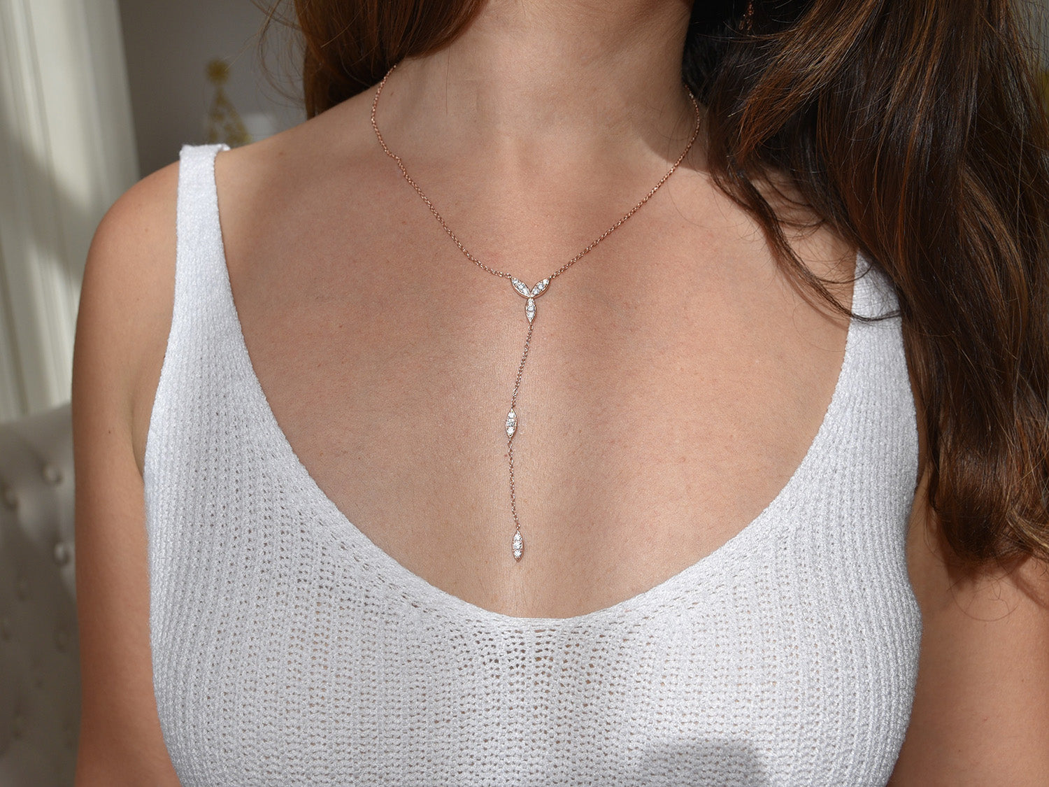 CZ Paved Leaf Y Drop Necklace Lariat Necklace [.925 Sterling Silver]