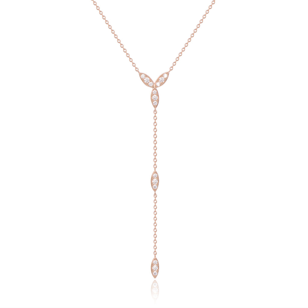 CZ Paved Leaf Y Drop Necklace [925 Sterling Silver - 18K Rose Gold Plated]